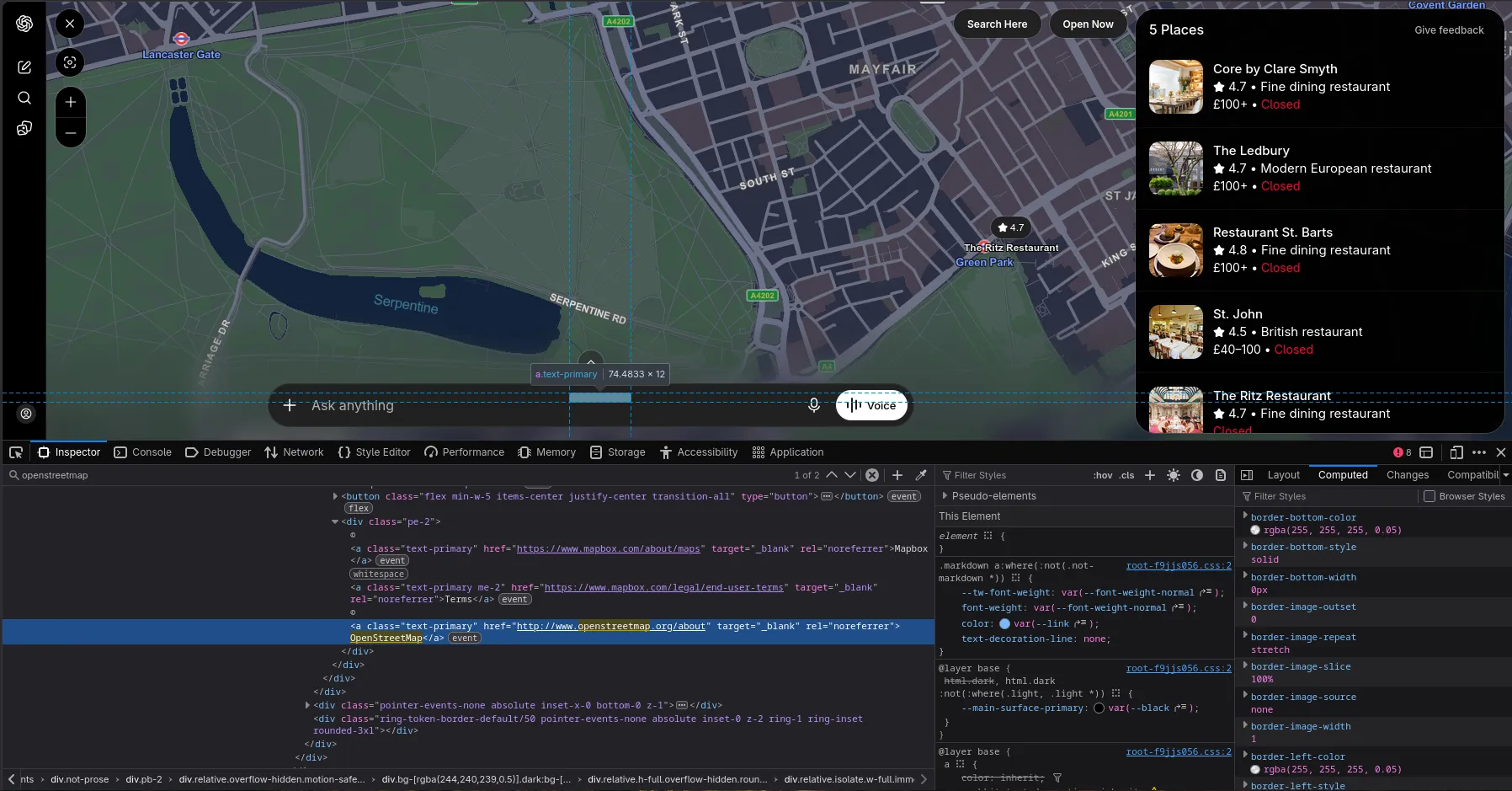 A screenshot of ChatGPT showing a map with the developer tools open. Searching for OpenStreetMap returns code that is not visible
