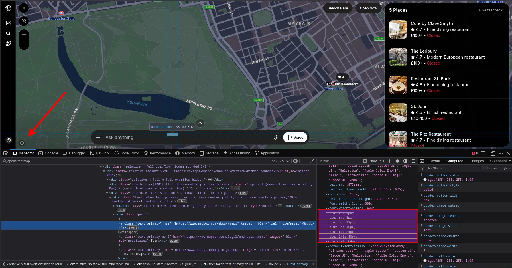 A screenshot of ChatGPT showing a map with the blur removed. It reveals an information button... but it cannot be clicked