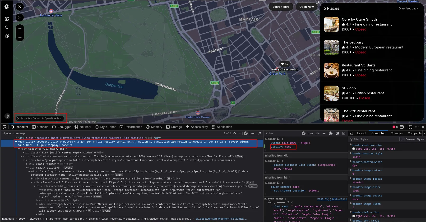 A screenshot of ChatGPT showing a map with the search bar removed, allowing us to click the info button