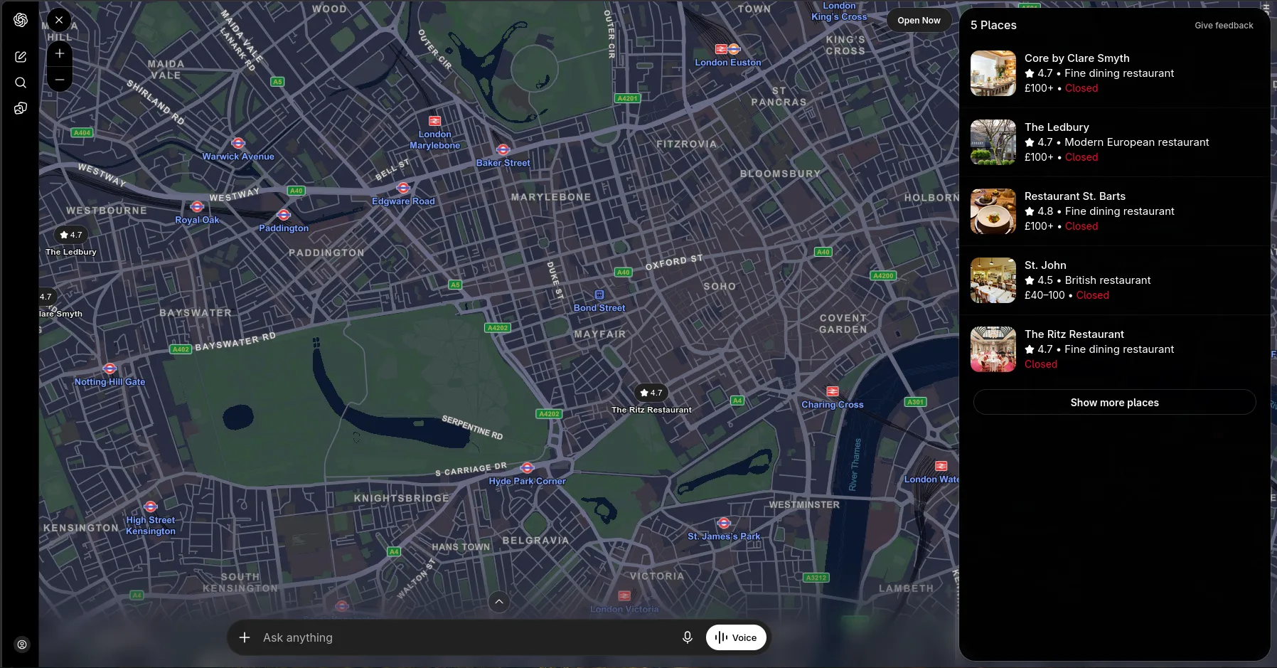 Screenshot of ChatGPT in Firefox, non-logged user after the query "Best restaurant in London"