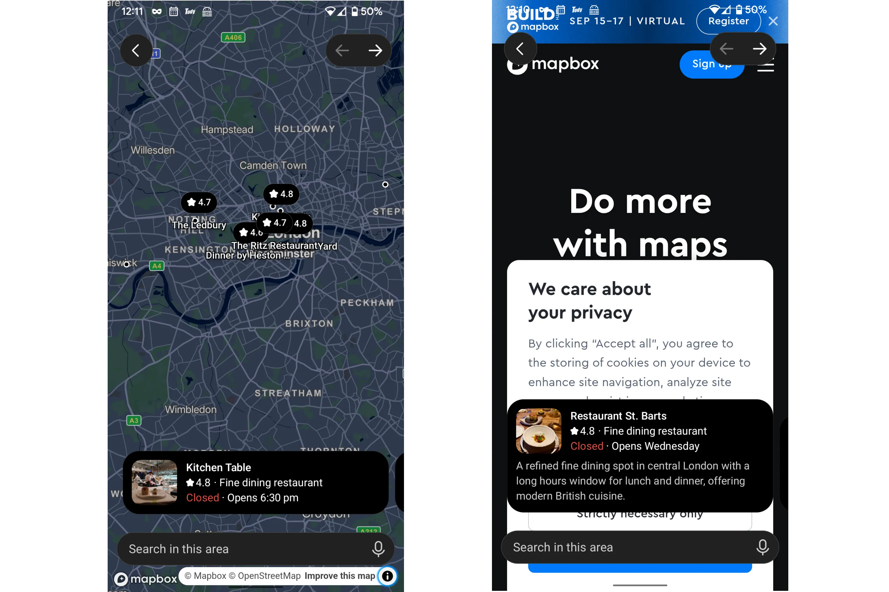 Two screenshots of ChatGPT on Android, one showing a map, the other a webpage loaded instead of the map
