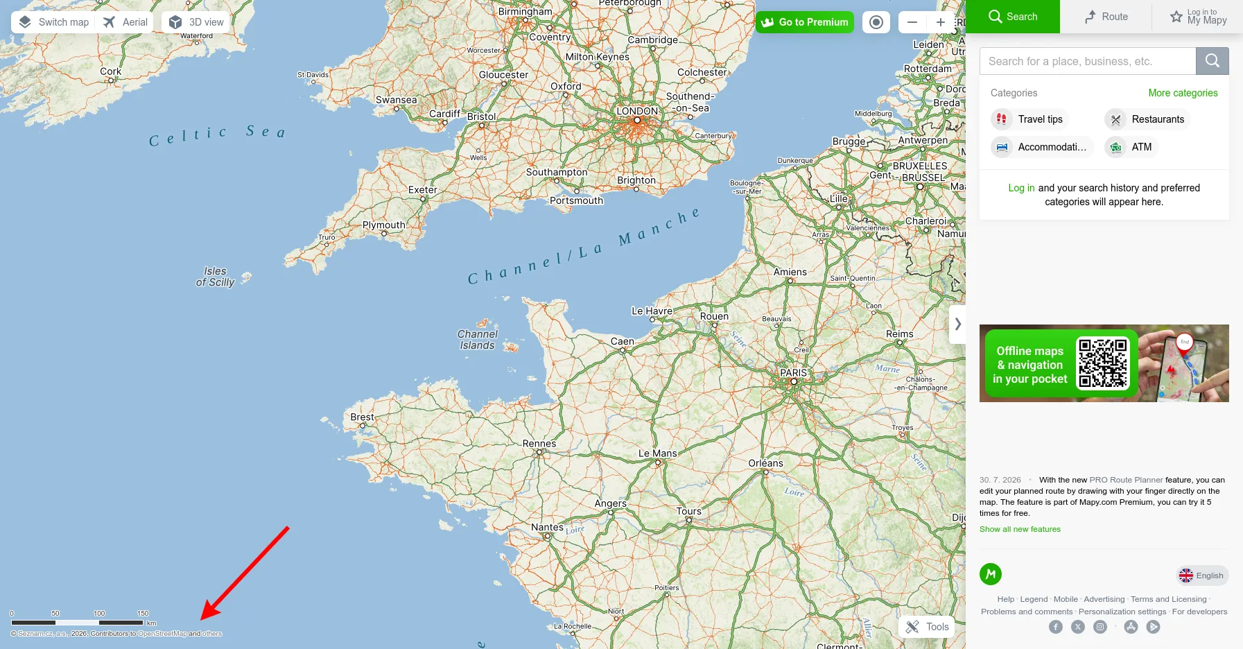 A screenshot of Mapy in Firefox. Attribution to OpenStreetMap is present and functional